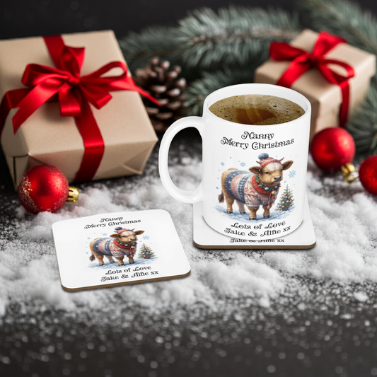 Personalised Mug & Coaster - Christmas Cow Design