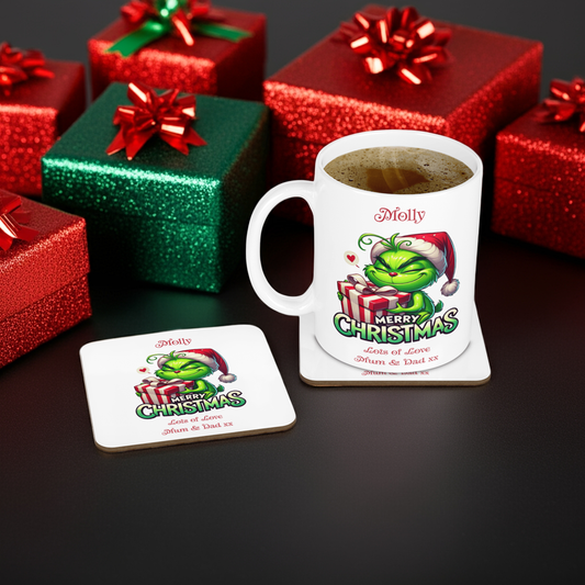 Personalised Mug & Coaster - Christmas Grinch Design