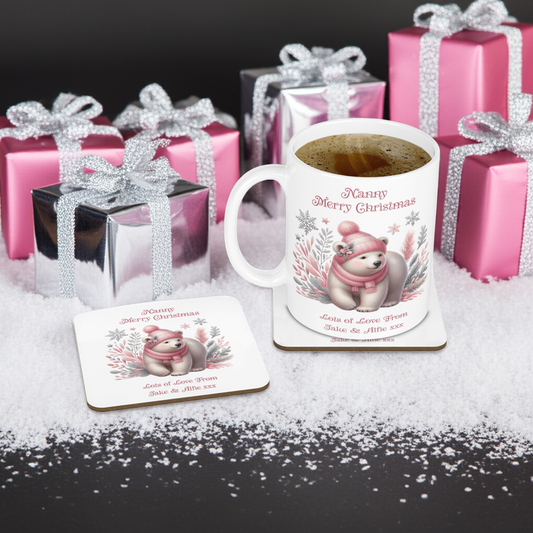 Personalised Mug & Coaster - Christmas Pink Polar Bear Design