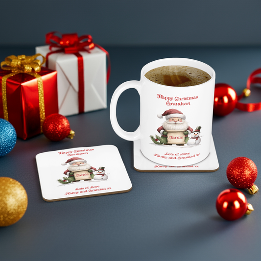 Personalised Mug & Coaster - Christmas Santa Scroll Design