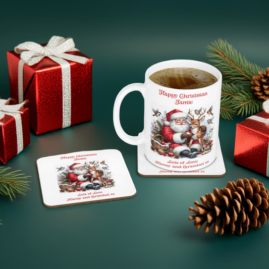 Personalised Mug & Coaster - Christmas Santa & Reindeer Design