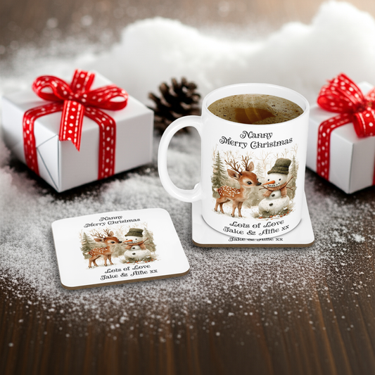 Personalised Mug & Coaster - Christmas Snowman & Deer Design