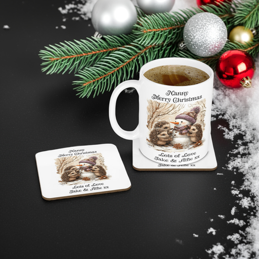 Personalised Mug & Coaster - Christmas Snowman & Hedgehogs Design