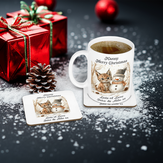 Personalised Mug & Coaster - Christmas Snowman & Kitten Design