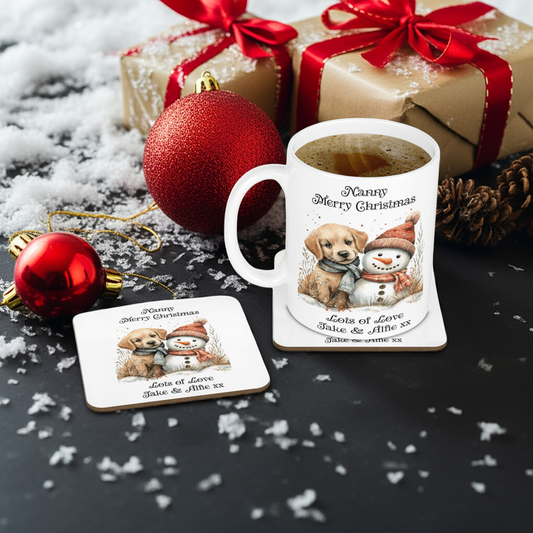 Personalised Mug & Coaster - Christmas Snowman & Puppy Design