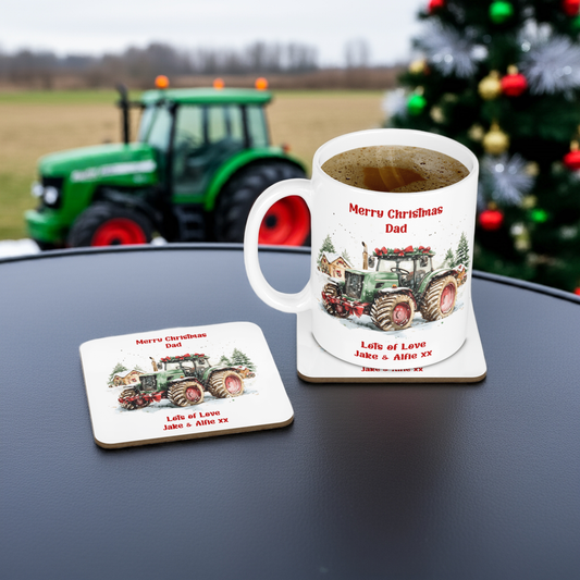 Personalised Mug & Coaster - Christmas Tractor Design
