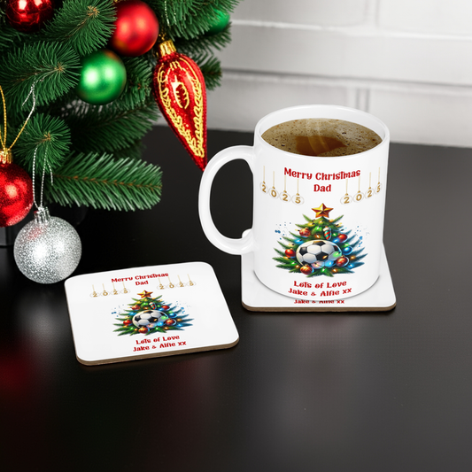 Personalised Mug & Coaster - Christmas Tree Football Design