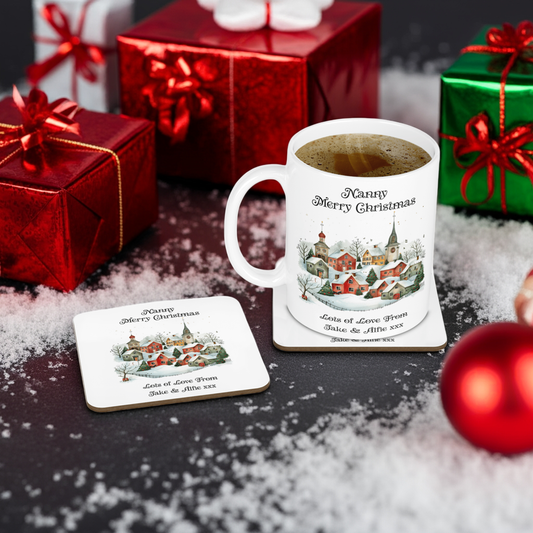 Personalised Mug & Coaster - Christmas Village Design
