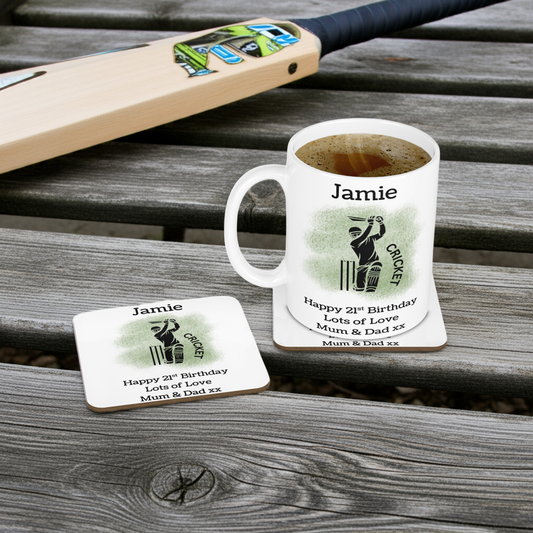 Personalised Mug & Coaster - Cricket Design