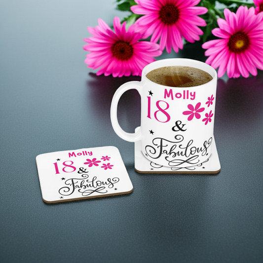 Personalised Mug & Coaster - Fabulous Pink Flowers Birthday Design
