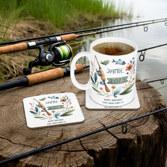 Personalised Mug & Coaster - Fishing Rod