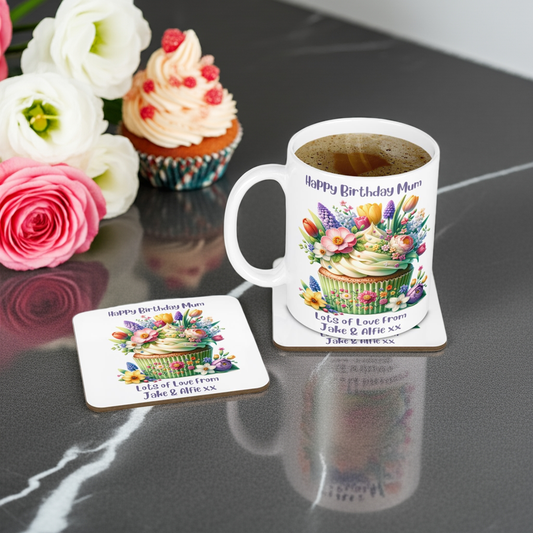 Personalised Mug & Coaster - Floral Cupcake
