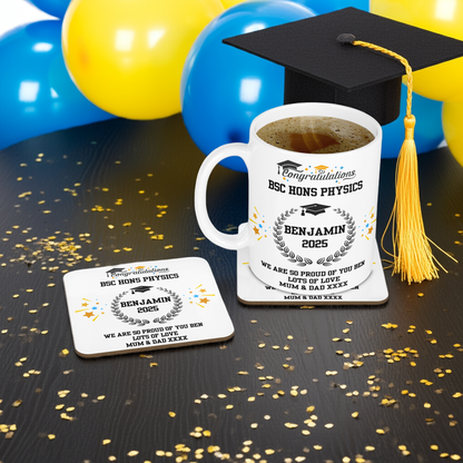 Personalised Mug & Coaster - Graduation Leaves Design