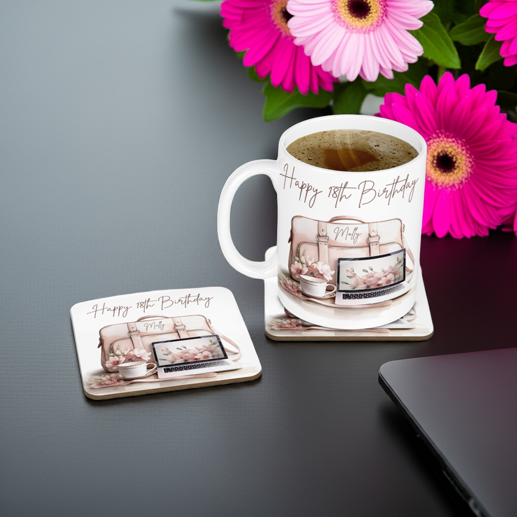 Personalised Mug & Coaster - Laptop & Bag