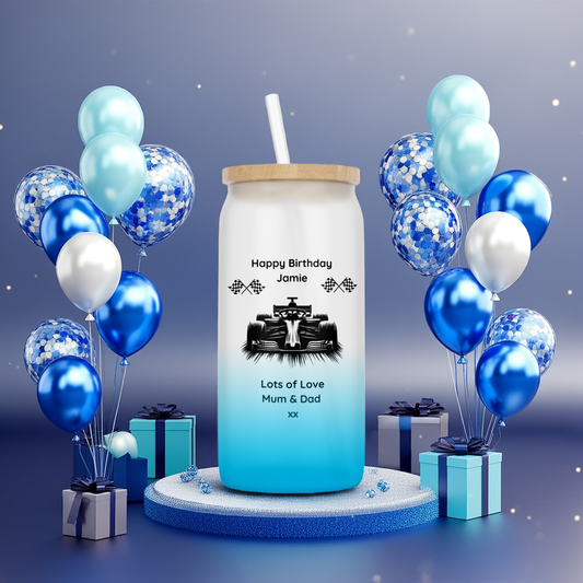 Personalised Ombre Coloured Glass Tumbler - Formula One Design
