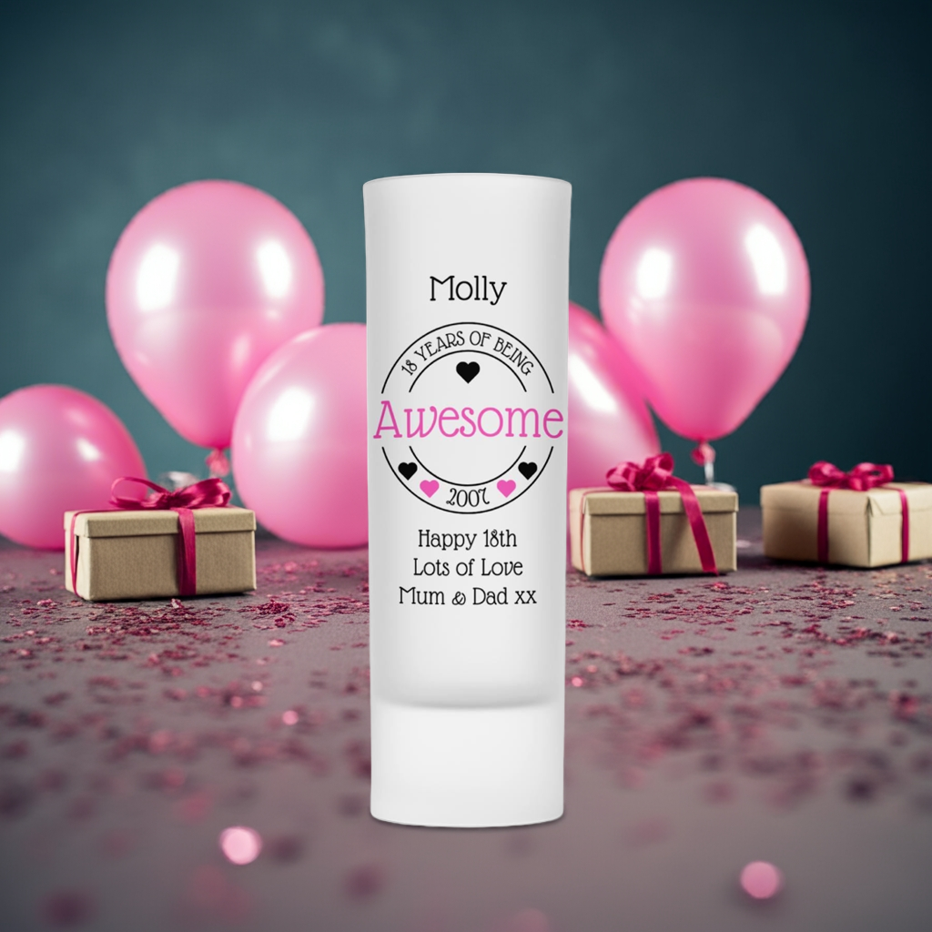 Personalised Shot Glass - Awesome Birthday Hearts