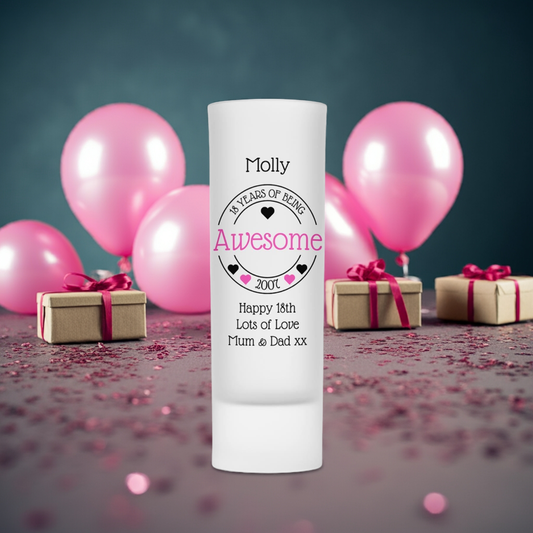 Personalised Shot Glass - Awesome Birthday Hearts