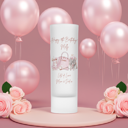 Personalised Shot Glass - Pink Shoes & Handbag Design