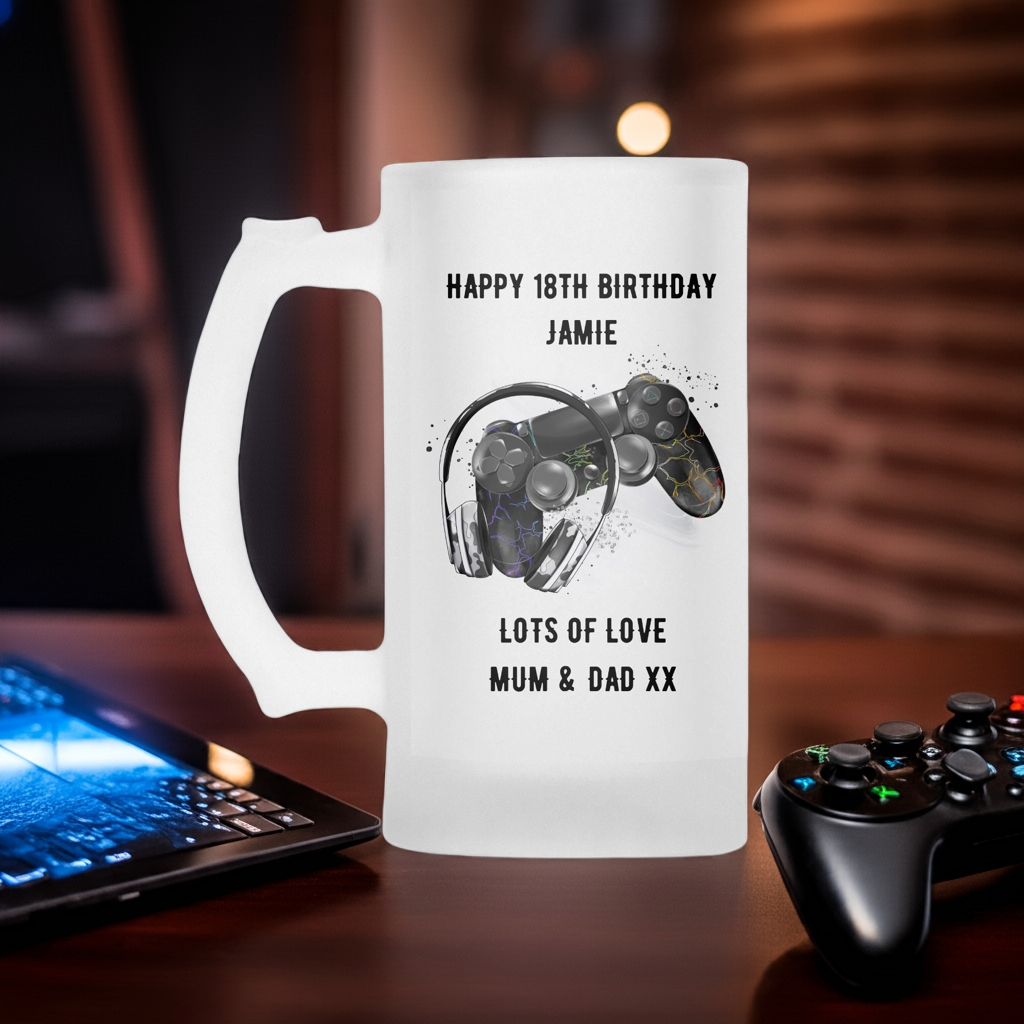 Personalised Frosted Glass Tankard - Gaming Controller & Headset