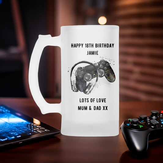 Personalised Frosted Glass Tankard - Gaming Controller & Headset