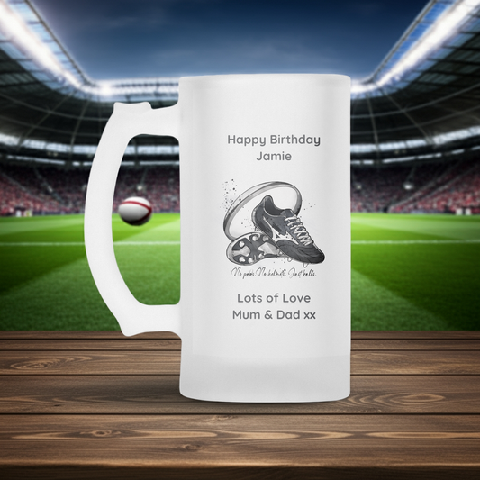Personalised Frosted Glass Tankard - Rugby No Pads Design