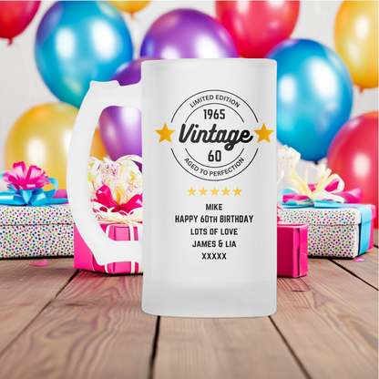 Personalised Frosted Glass Tankard (0.8 Pint) - Vintage Birthday Design