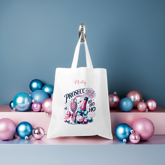 Personalised Tote Shopping Bag - Christmas Prosecco Pink & Blue