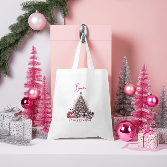 Personalised Tote Shopping Bag - Pink Christmas Tree
