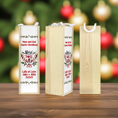 Personalised Wooden Bottle Gift Box - Christmas Rose Wine Design