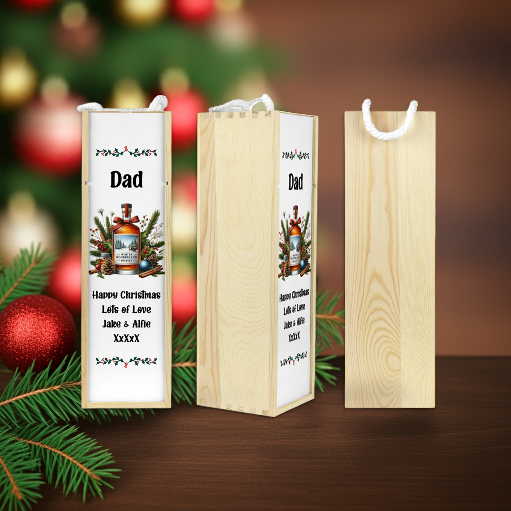 Personalised Wooden Bottle Gift Box - Christmas Whiskey Design