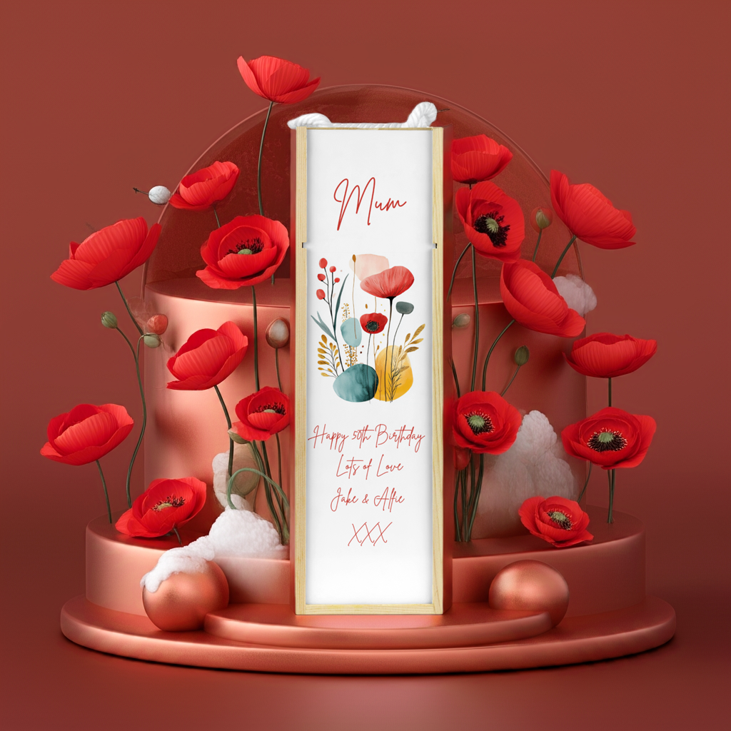 Personalised Wooden Bottle Gift Box - Poppies Floral