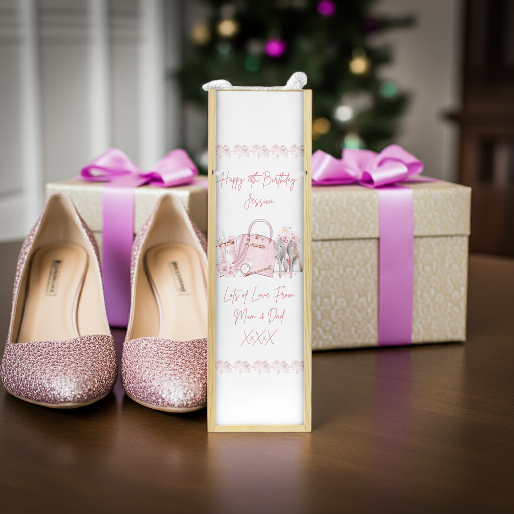 Personalised Wooden Wine Bottle Gift Box - Pink Shoes & Handbag