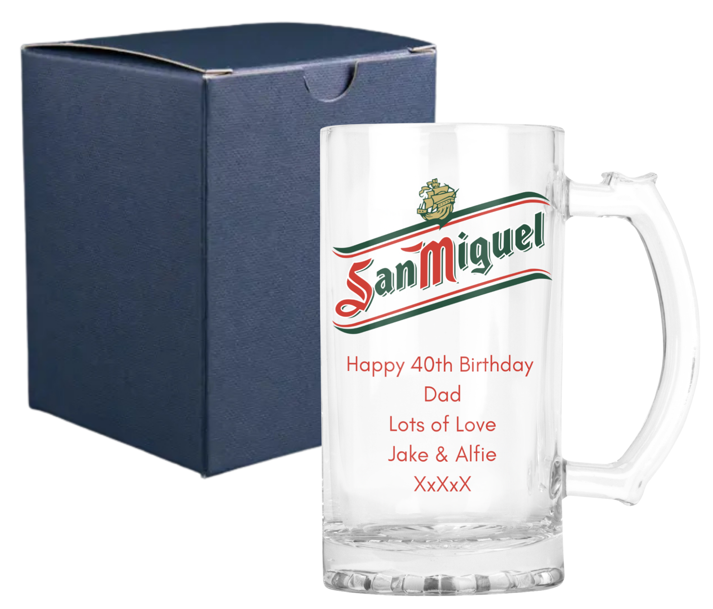 Personalised Glass Beer Tankard Mug - San Miguel Lager Design