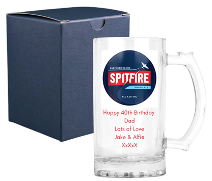 Personalised Glass Beer Tankard Mug - Spitfire Amber Ale Design