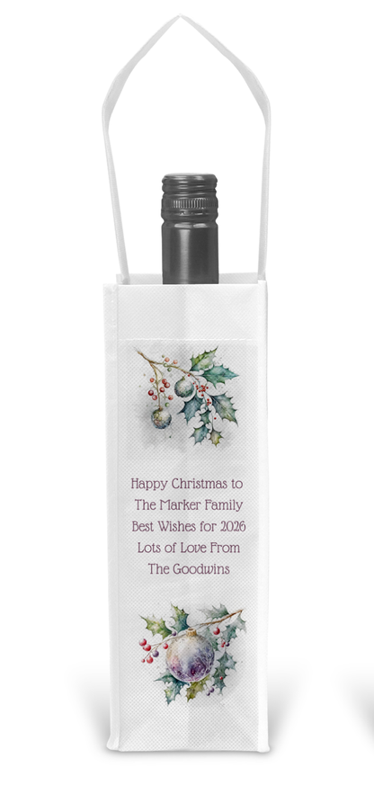 Personalised Bottle Gift Bag - Christmas Holly Design
