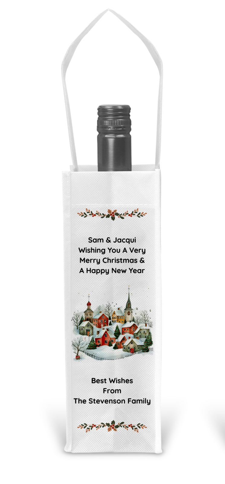 Personalised Bottle Gift Bag - Christmas Village Scene Design
