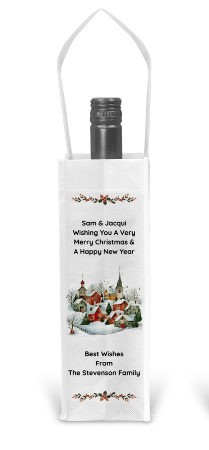 Personalised Bottle Gift Bag - Christmas Village Scene Design