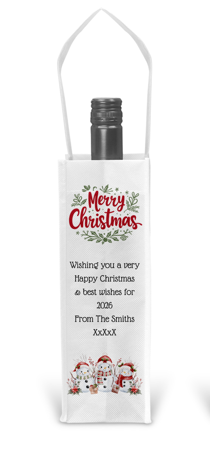 Personalised Bottle Gift Bag - Christmas Snowmen Design