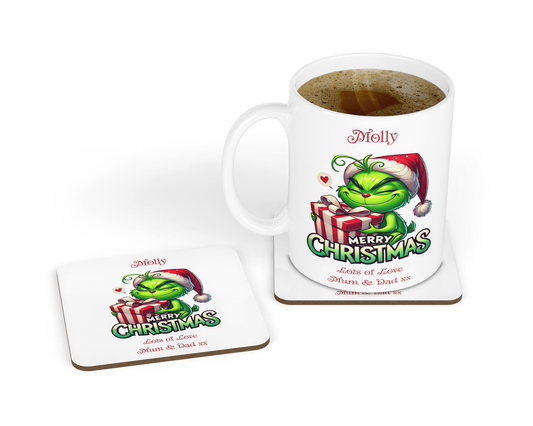 Personalised Mug & Coaster - Christmas Grinch Design