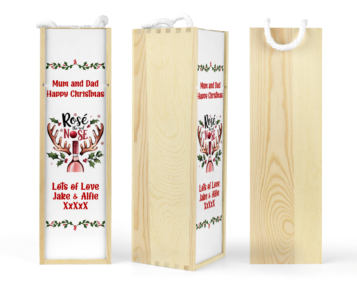 Personalised Wooden Bottle Gift Box - Christmas Rose Wine Design