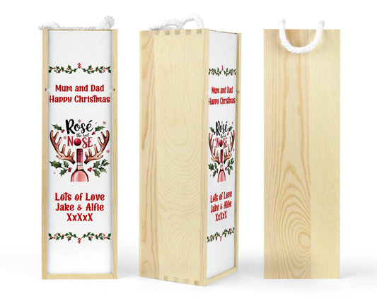 Personalised Wooden Bottle Gift Box - Christmas Rose Wine Design