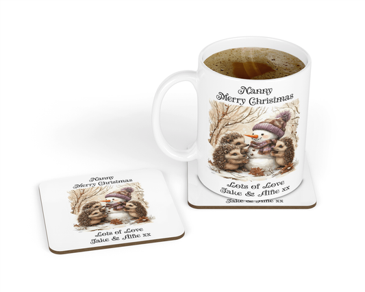 Personalised Mug & Coaster - Christmas Snowman & Hedgehogs