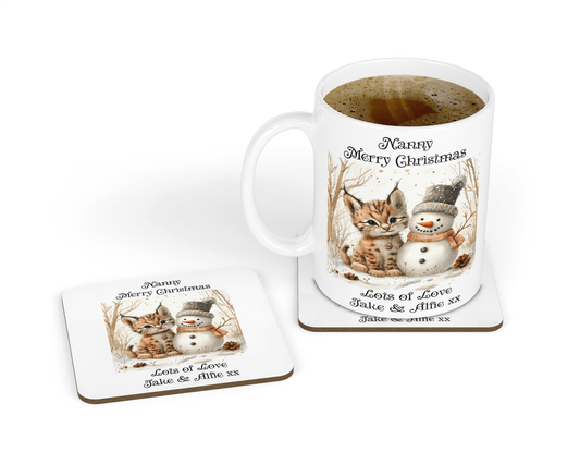 Personalised Mug & Coaster - Christmas Snowman & Kitten
