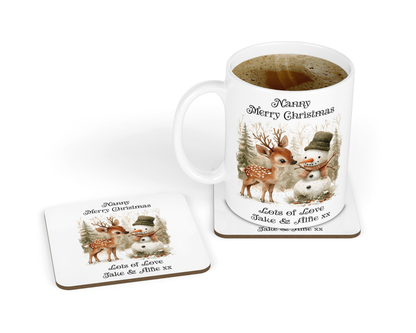 Personalised Mug & Coaster - Christmas Snowman & Deer Design