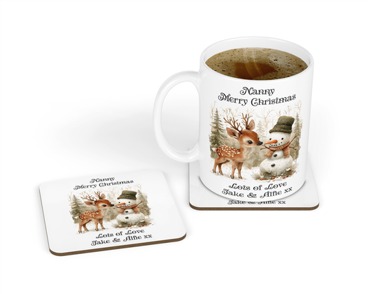 Personalised Mug & Coaster - Christmas Snowman & Deer