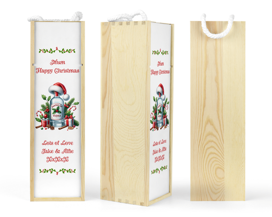 Personalised Wooden Bottle Gift Box - Christmas Vodka Design