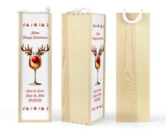 Personalised Wooden Bottle Gift Box - Christmas White Wine Design