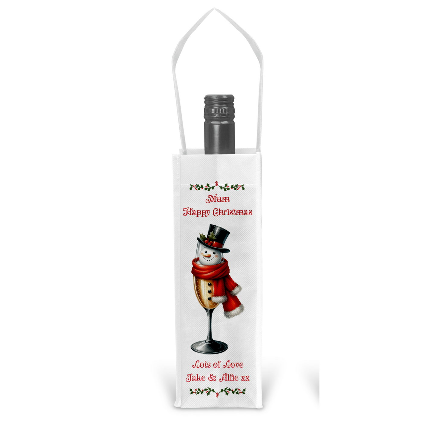 Personalised Bottle Gift Bag - Christmas Snowman Prosecco