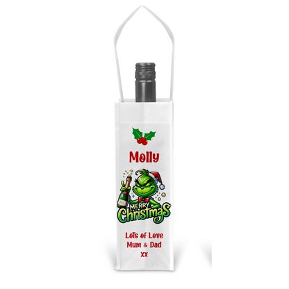 Personalised Bottle Gift Bag - Christmas Grinch Design