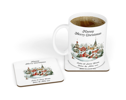 Personalised Christmas Village Design Mug & Coaster Hamper Gift Box